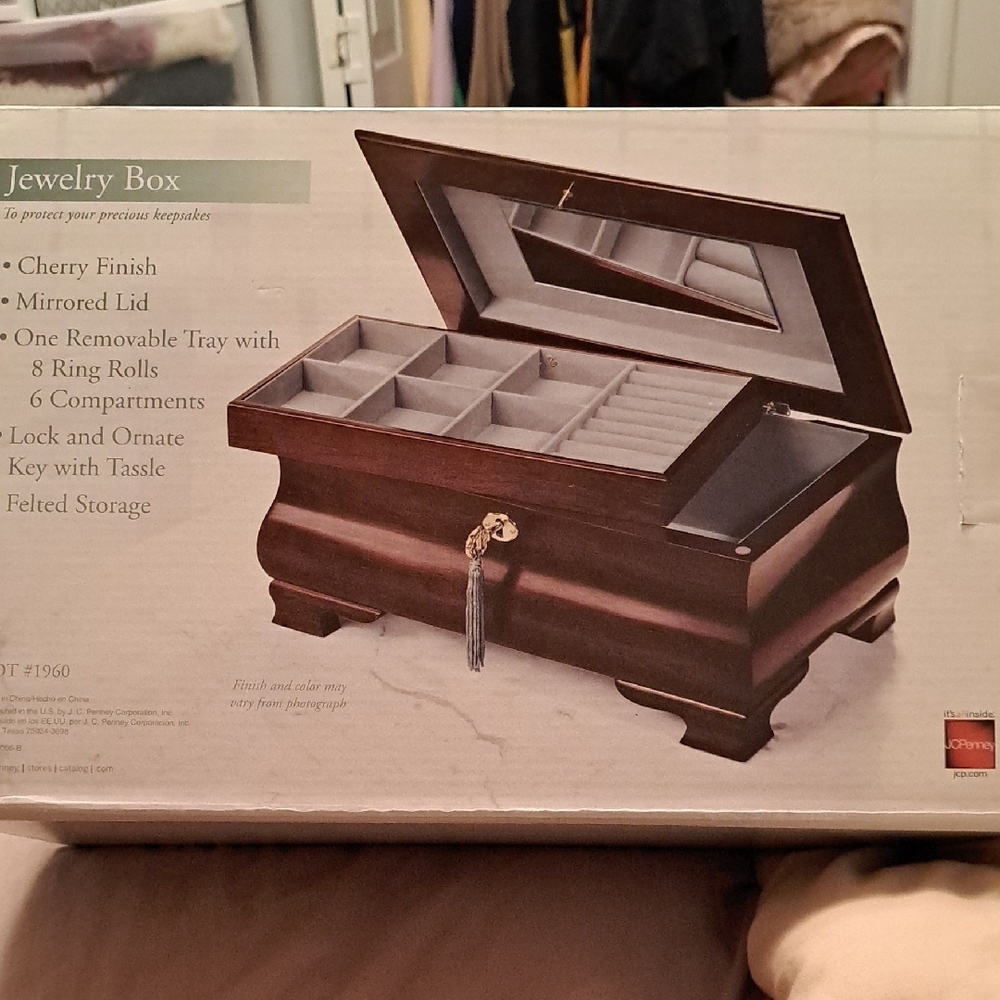 Cherry Finish Jewelry Box with Mirror. One Size